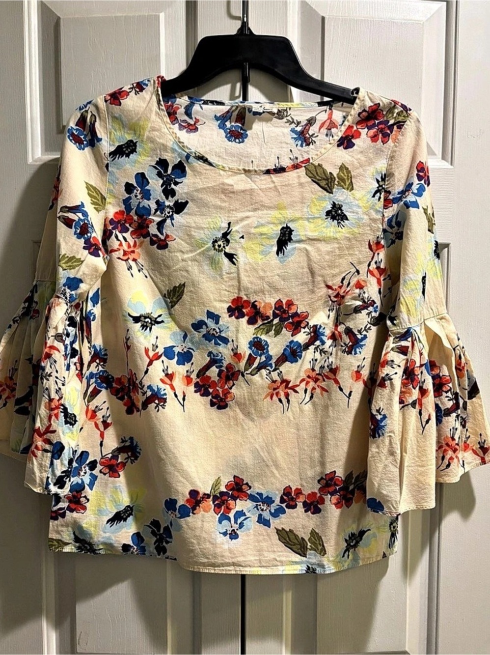 Jane and Delancey Floral Blouse in Cream & Blue Size Small Like New